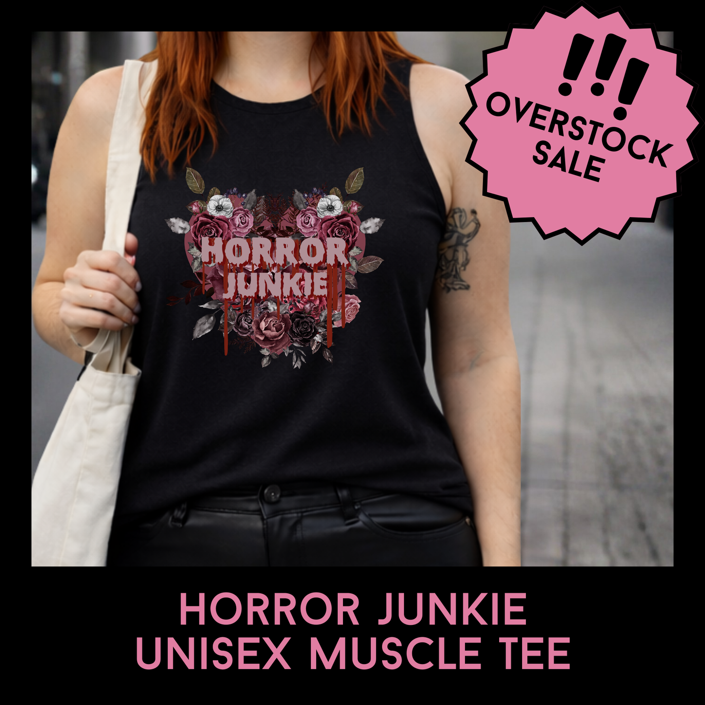 Horror Junkie Unisex Muscle Tank – Bella + Canvas Sleeveless Graphic Shirt – Gothic Floral Horror Tank Overstock Sale $22