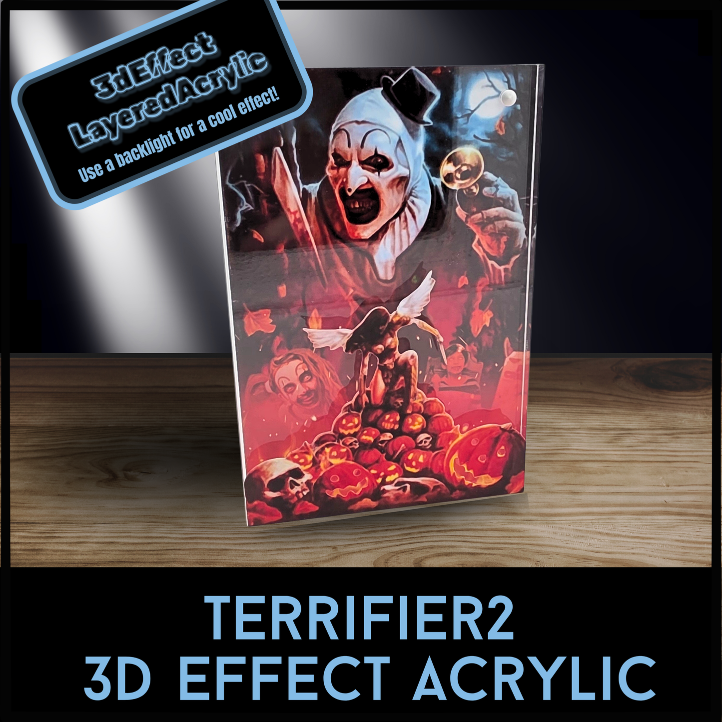 Terrifier 2 Art the Clown 3D Effect Acrylic Horror Decor, Slasher Movie Layered Acrylic Display with Optional Light Base