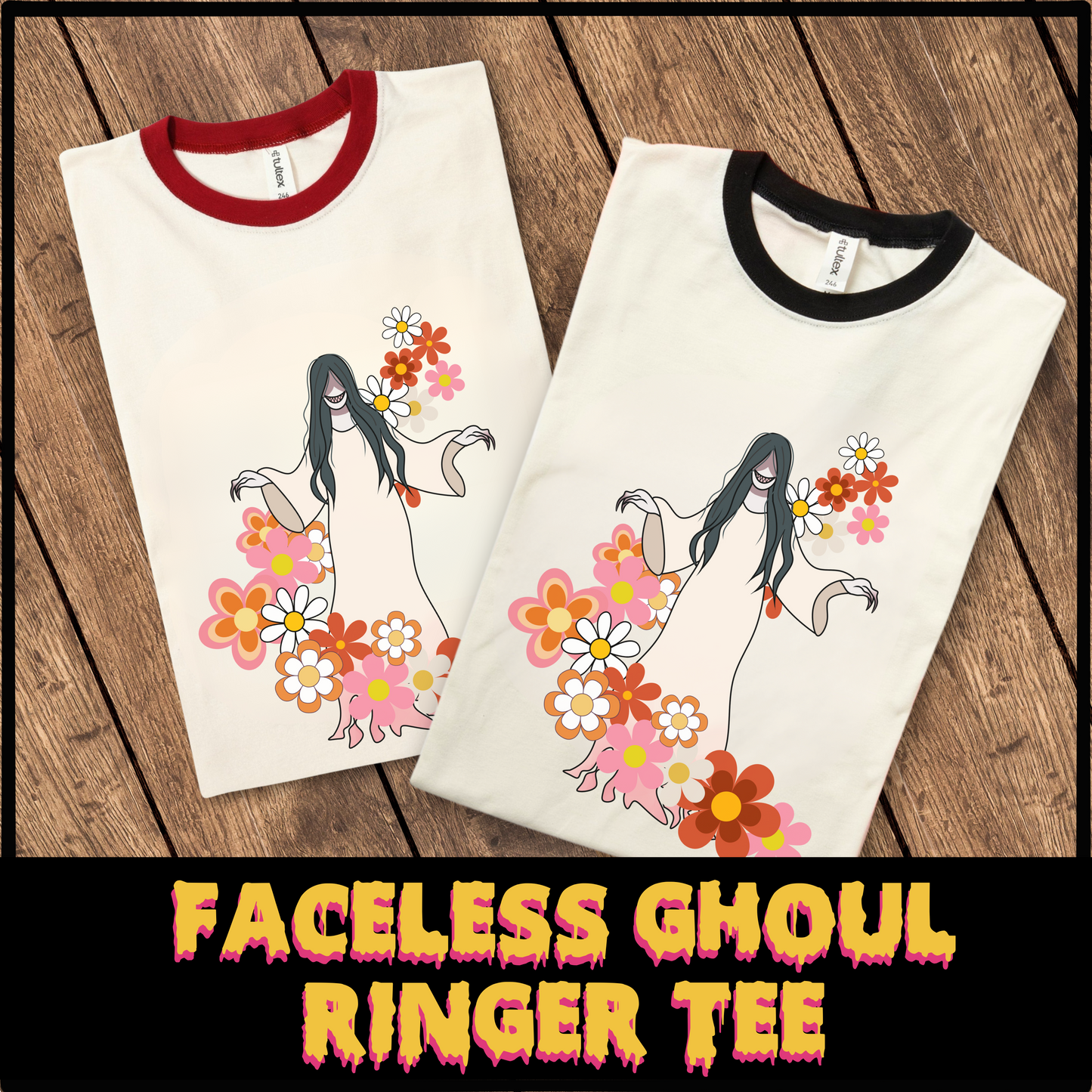 Faceless Ghoul Ringer Tee Retro ghost horror tee gift for her spooky ghoul fan ringer tee for him horror movie fan shirt