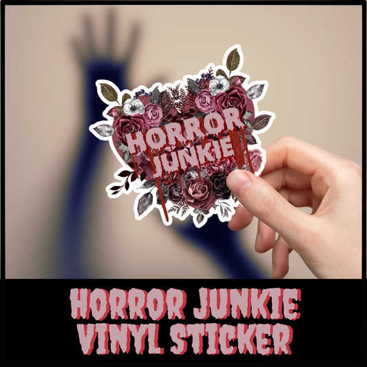 Horror Junkie kiss cut sticker vinyl decal Halloween pretty horror sticker party favor sticker floral horror junkie gift horror fan vinyl sticker