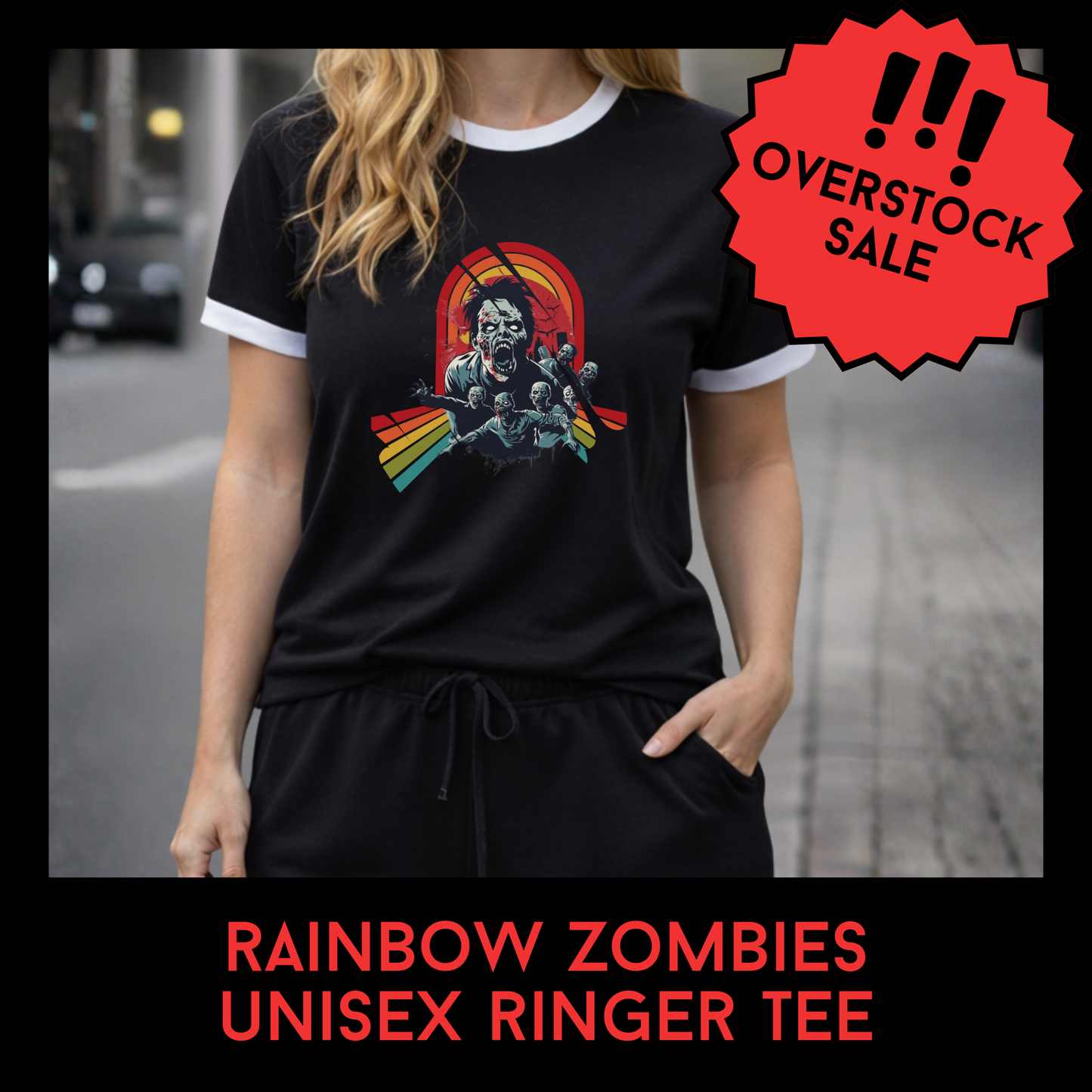 Rainbow Zombies Unisex Ringer Tee – Retro Horror Graphic Shirt – Black White Vintage Slasher Inspired Overstock Sale $21
