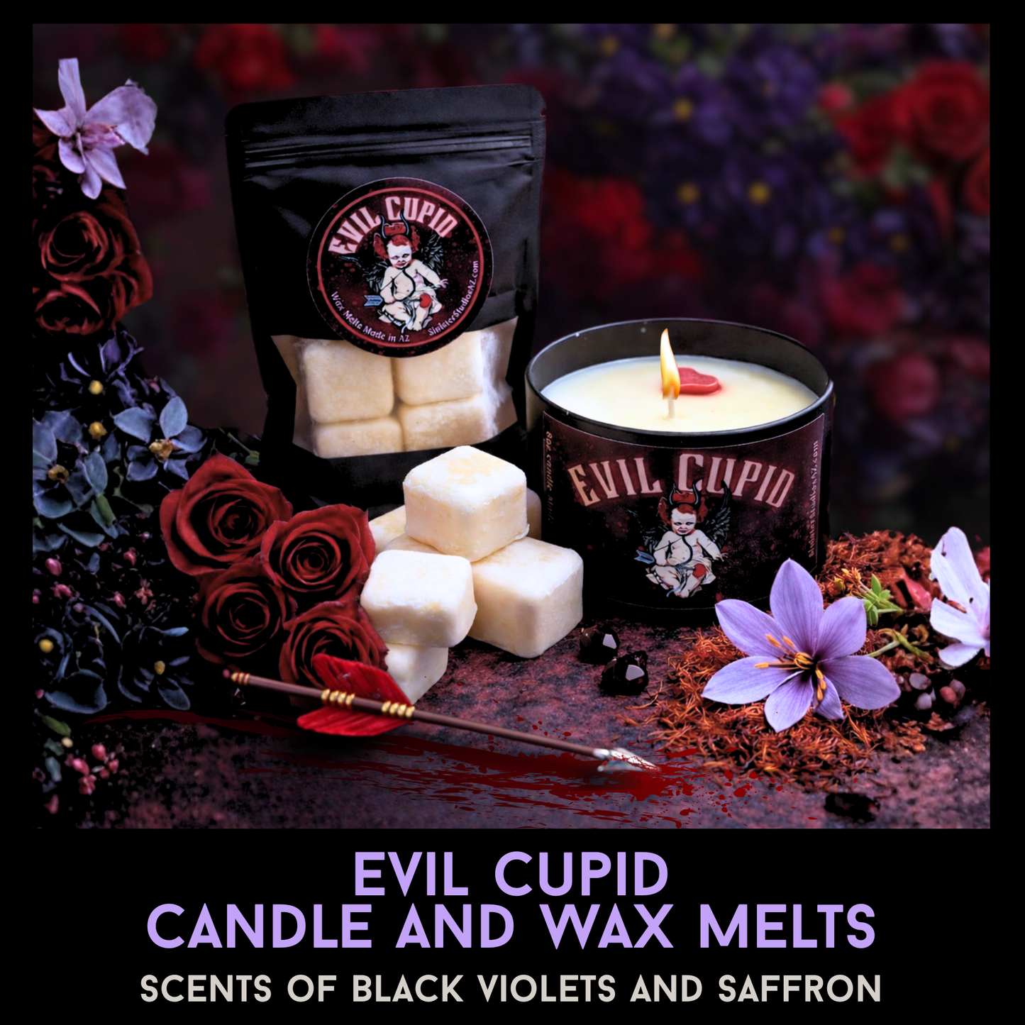 Evil Cupid Candle and Wax Melts | Gothic Valentine Candle | Black Violet Saffron Scent | Horror Valentine Decor Gift