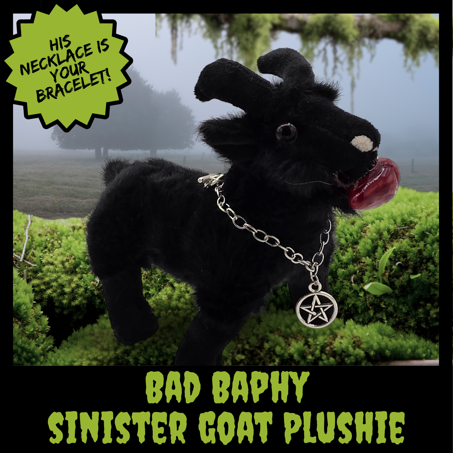 Bad Baphy Baphomet Goat Plushie with Bloody Heart & Removable Pentagram or Triple Moon Bracelet Necklace Gothic Gift