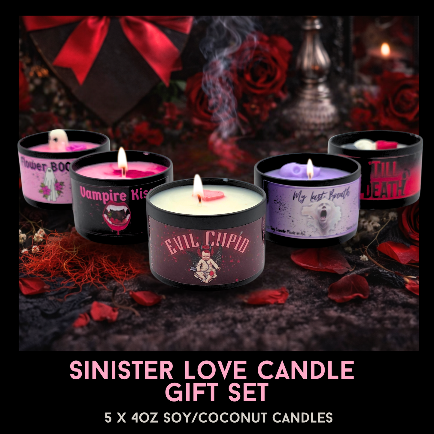 Sinister Love Candle Gift Set | Gothic Valentine Candles | Horror Romance Gift | Soy Coconut Wax | Spooky Love Decor | Sinister Studios AZ
