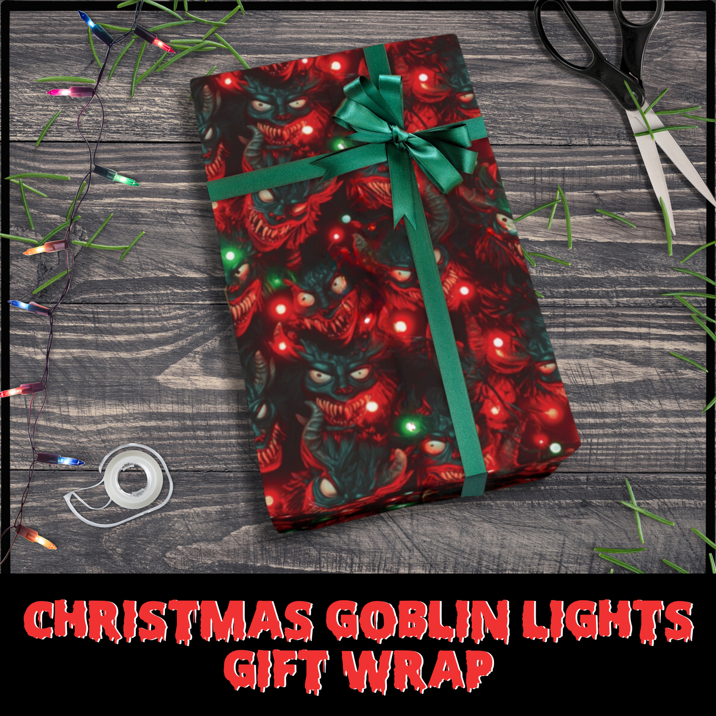 Christmas Goblin Lights Gift Wrap spooky gift Horror gift wrap creepy gothic gift wrap scary birthday gift wrap halloween gift gothic christmas demon wrapping paper