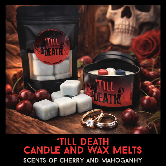 Till Death Horror Candle & Wax Melts Set – Cherry Mahogany Teakwood Scent – Gothic Wedding Gift – Dark Romantic Decor