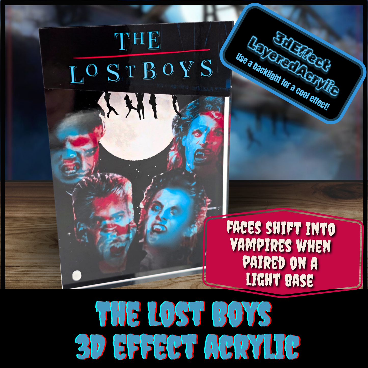 The Lost Boys 3D Effect Acrylic Horror Art | Glitch Vampire Transformation Display | Light Base Optional | Horror Movie Decor