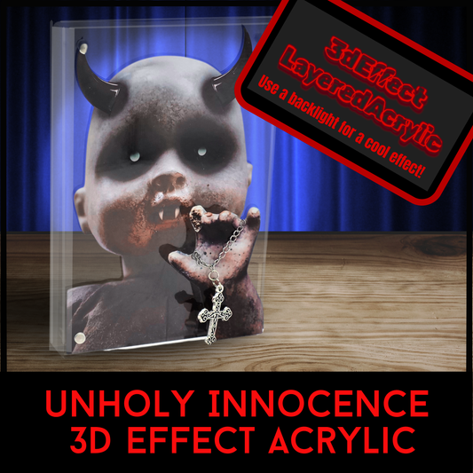Unholy Innocence 3D Effect Acrylic Horror Doll Display, Creepy Demon Baby Gothic Decor, Mixed Media Acrylic Art with Chain