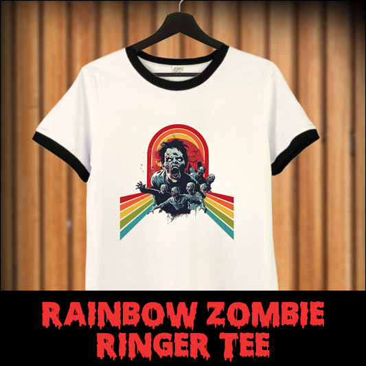 Rainbow Zombie Ringer Tee womens retro horror ringer tshirt 70s horror zombie tee gift for her ladies horror ringer tee