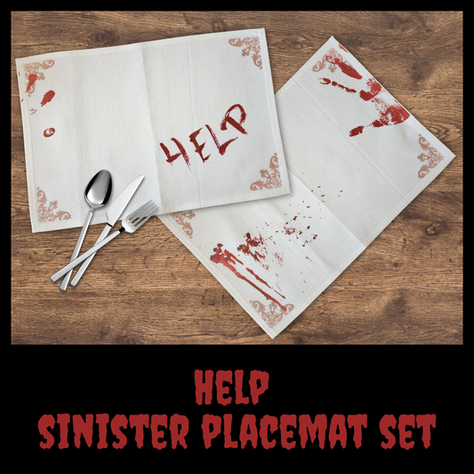 Help Sinister Placemat Set - Bloody Horror Placemat Linen Placemats with Fake Blood Design, Halloween Table Decor, Creepy Gothic Kitchen