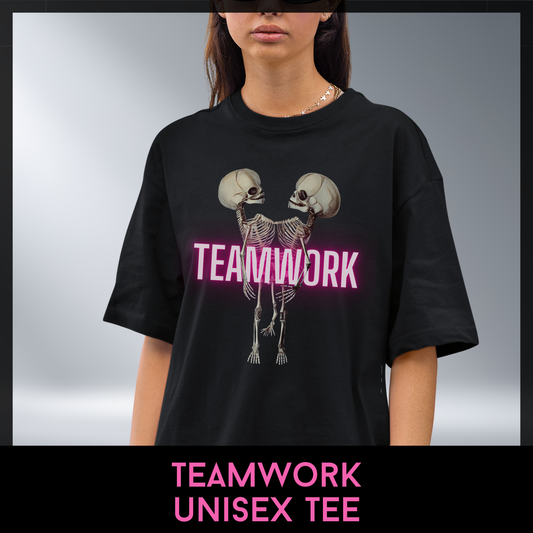 Teamwork Horror Unisex Tee – Conjoined Twin Skeleton Shirt, Dark Macabre Graphic Tee, Gothic Horror Apparel