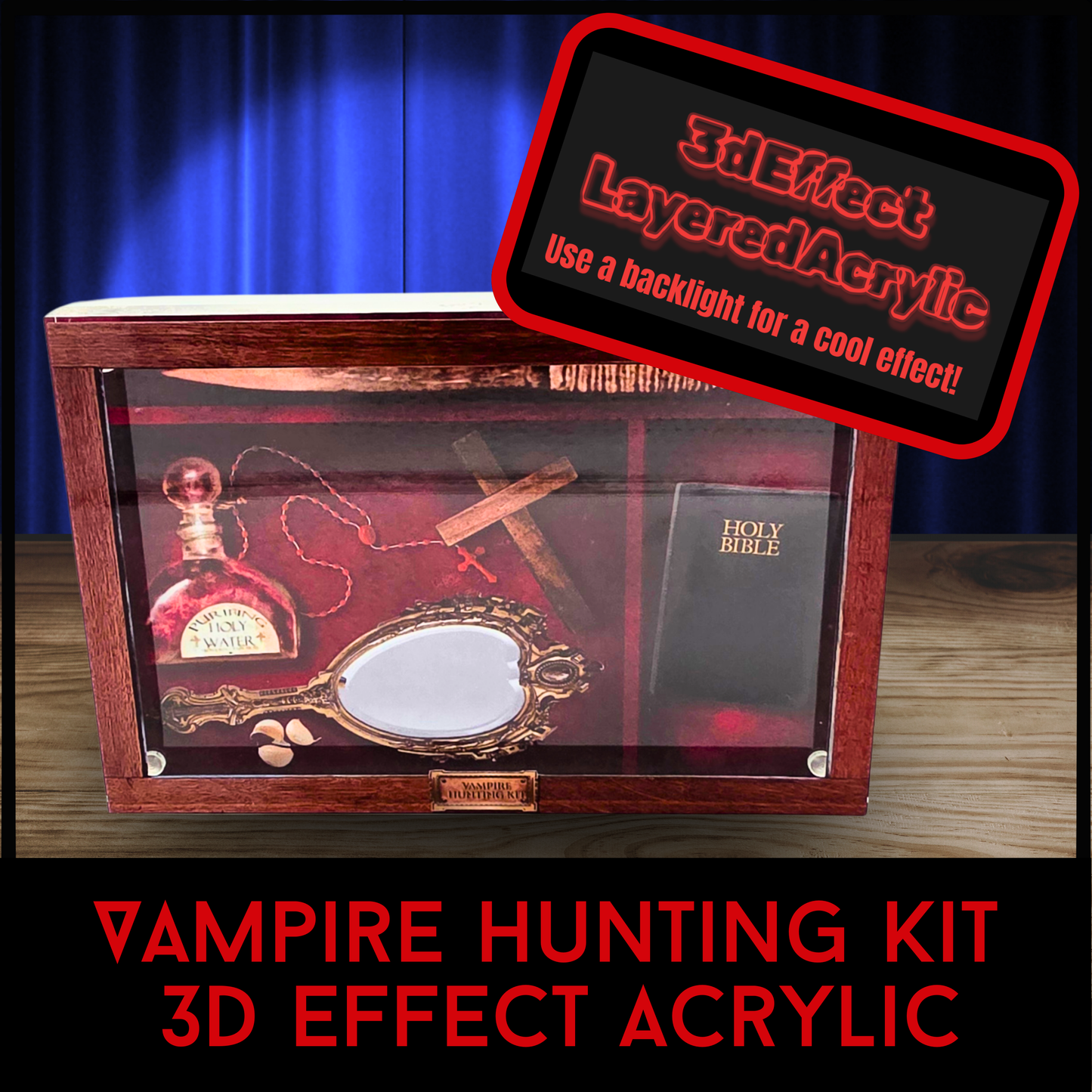 Vampire Hunting Kit 3D Effect Acrylic Display – Gothic Horror Wall Decor, Occult Relic Art, Spooky Collector Gift