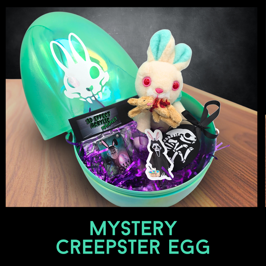 Mystery Creepster Egg Horror Easter Basket – Bad Bunny Plush, Creepster Ornament, 3D Acrylic Magnet & Sticker in 12" Pearlescent Egg