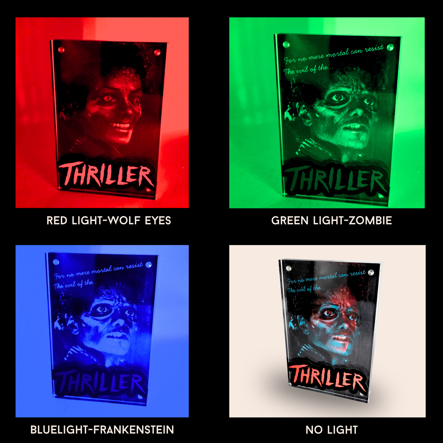 Color Reactive Thriller Acrylic Display, Michael Jackson Inspired 3D Effect Art, LED Light Reactive Horror Collectible, Autograph Display 4x6