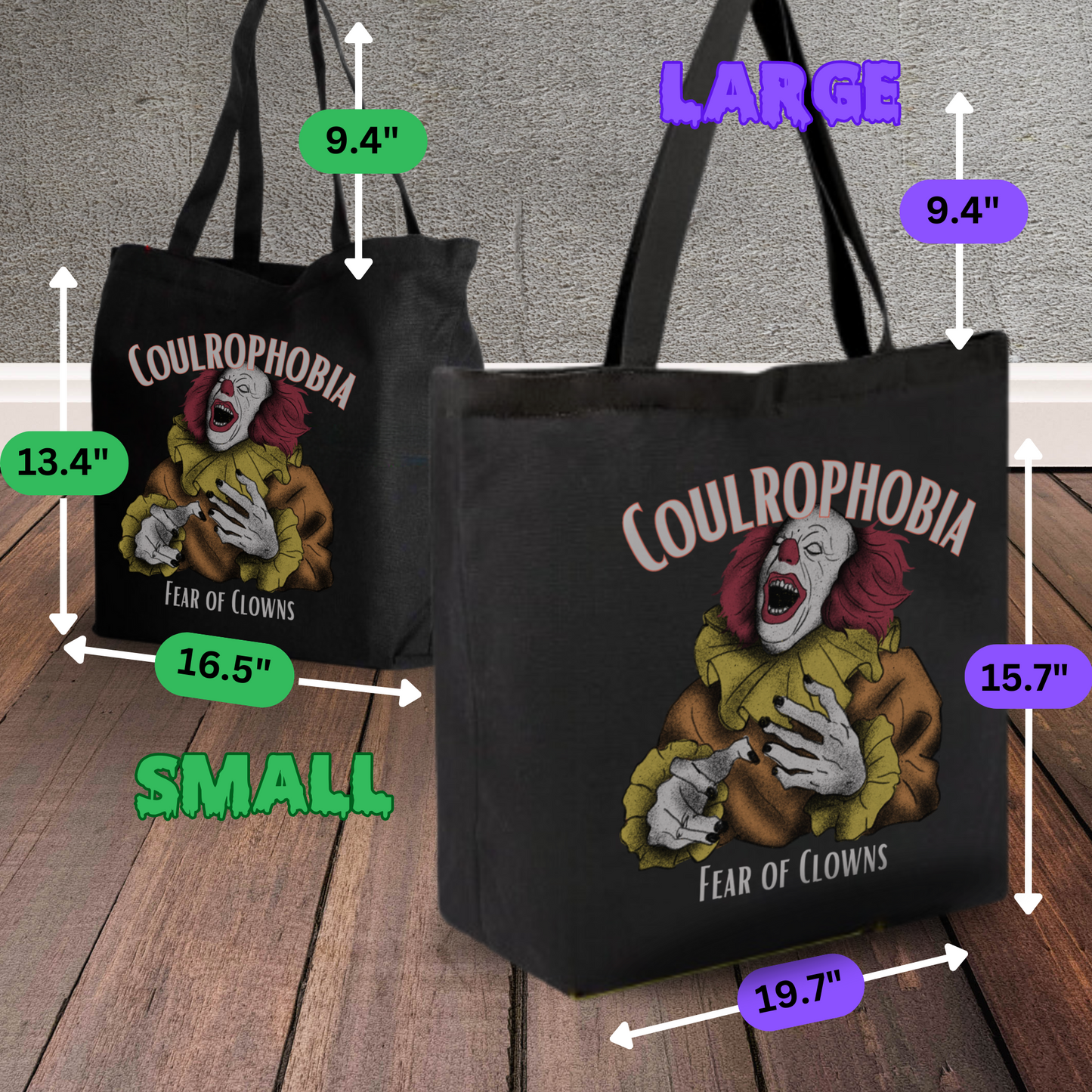 Coulrophobia tote bag with zipper closure, clown phobia tote bag, gift for horror fan, reusable shopping tote, horror movie tote bag gift for her