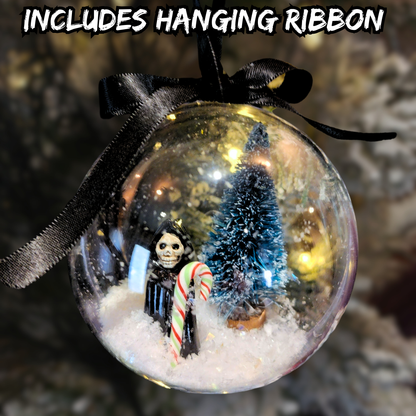 Silent Night Ornament | Grim Reaper with Candy Cane Staff in Snow Scene | Gothic Christmas Décor | Sinister Studios AZ