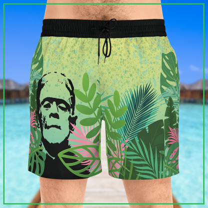 Tropical Frank men's swim trunks with pockets Frankenstein mid-length swim shorts mesh lined swim trunks gift for him horror shark swim trunks