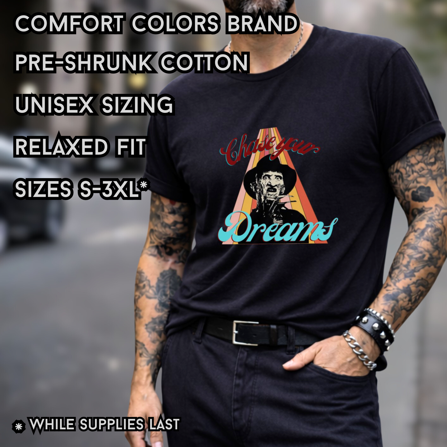Chase Your Dreams Horror Unisex Tee – Freddy Inspired Retro Graphic Shirt – Black Comfort Colors Overstock Sale