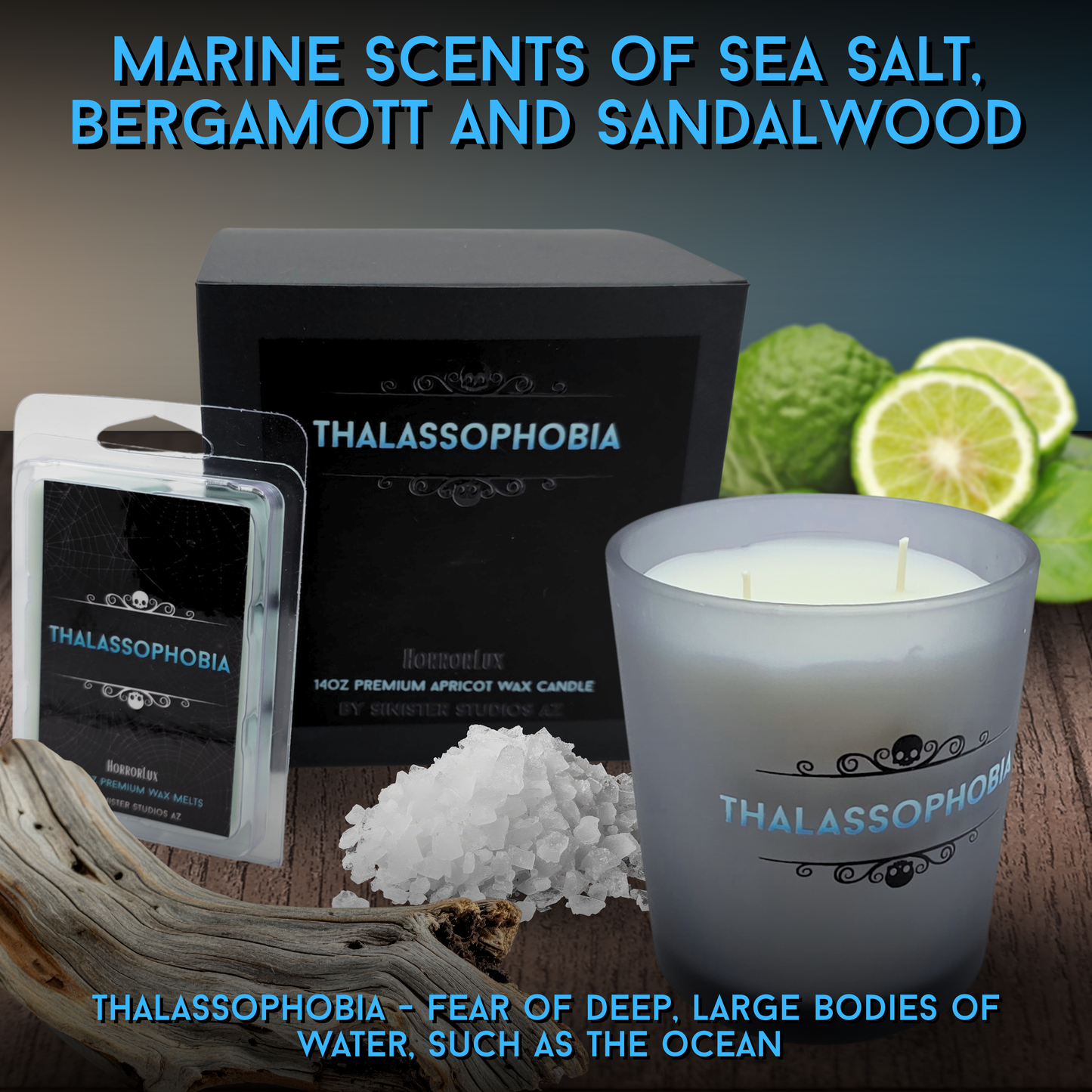 Thalassophobia HorrorLux Candle & Wax Melts Set, Sea Salt Bergamot Sandalwood Gothic Ocean Horror Candle Gift