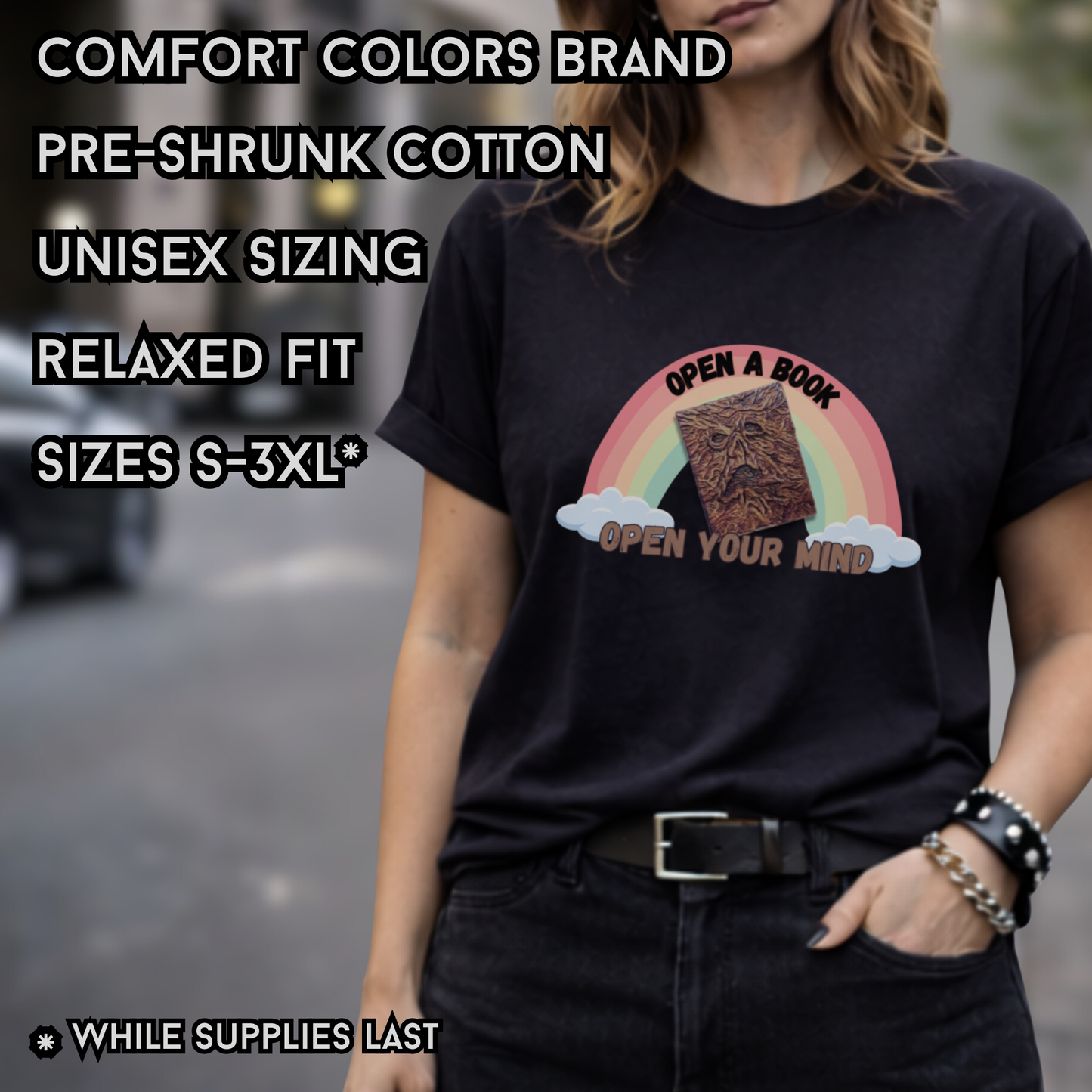 Open a Book Open Your Mind Unisex Horror Tee – Necronomicon Inspired Graphic Shirt – Black Comfort Colors Overstock Sale