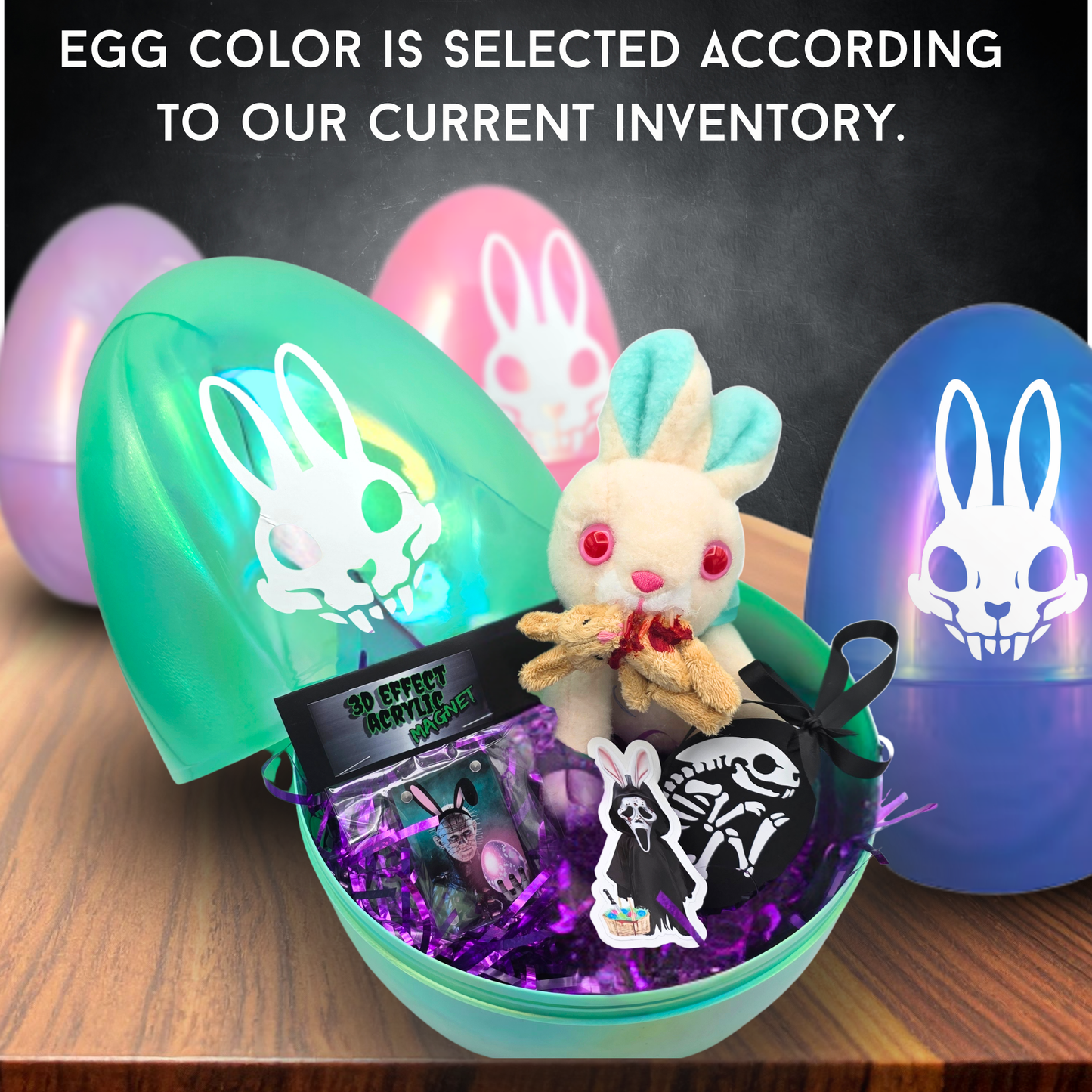 Mystery Creepster Egg Horror Easter Basket – Bad Bunny Plush, Creepster Ornament, 3D Acrylic Magnet & Sticker in 12" Pearlescent Egg