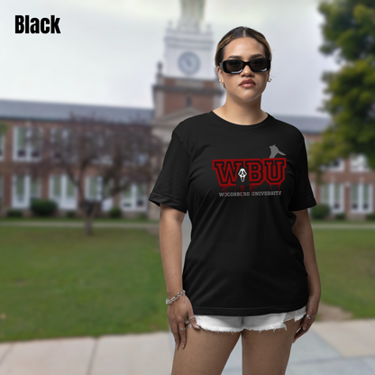 Woodsboro University tee unisex horror tshirt for her Woodsboro tee gift Scream tee for her horror graphic tee Ghostface horror tshirt