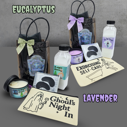 RIP & Relaxation Spa Kit – Gothic Self Care Gift Set with Candle, Bath Salts, Eye Mask & Pouch – Lavender or Eucalyptus – Horror Mother's Day Gift