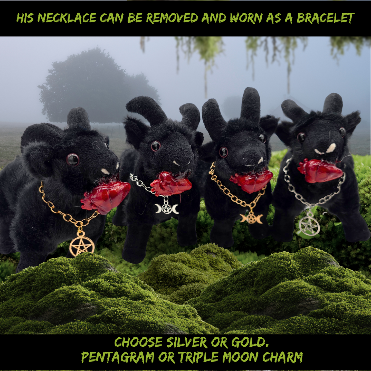 Bad Baphy Baphomet Goat Plushie with Bloody Heart & Removable Pentagram or Triple Moon Bracelet Necklace Gothic Gift