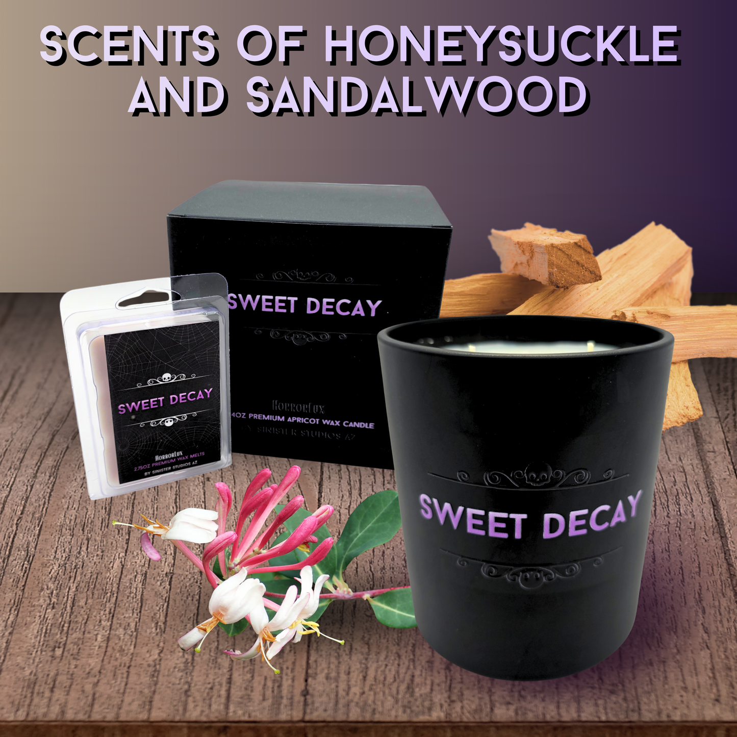 Sweet Decay HorrorLux Candle & Wax Melts Set, Honeysuckle Sandalwood Goth Luxury Candle, Horror Gift Decor