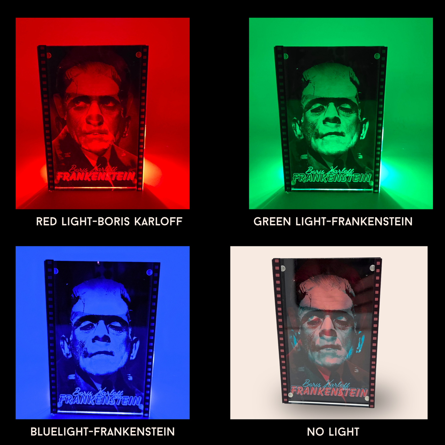 Frankenstein 3D Effect Acrylic – Color Reactive Boris Karloff Monster Illusion Art Display with Optional RGB LED Light Base