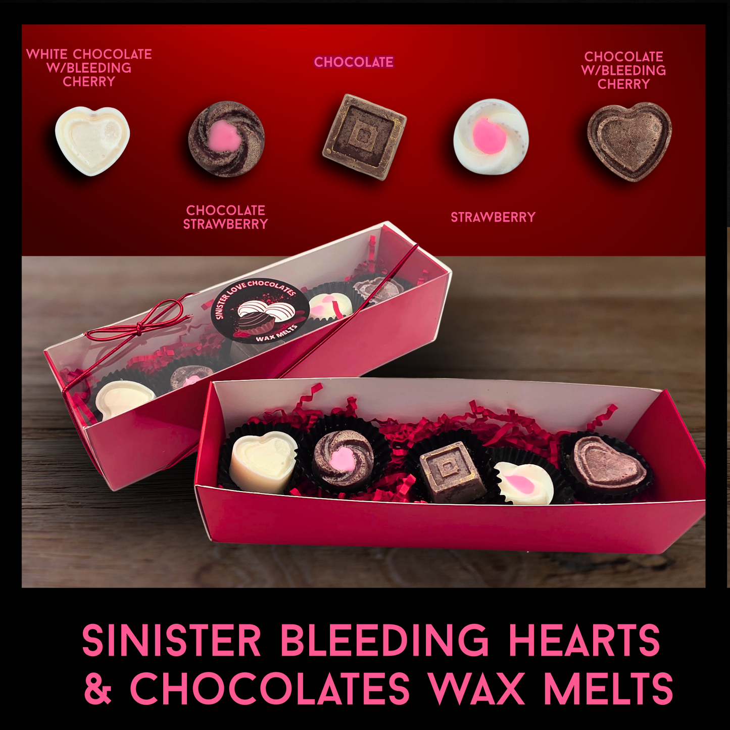 Sinister Chocolates Wax Melts | Bleeding Heart Wax Melts | Chocolate Strawberry Cherry Scent | Horror Valentine Gift | Spooky Wax Melts