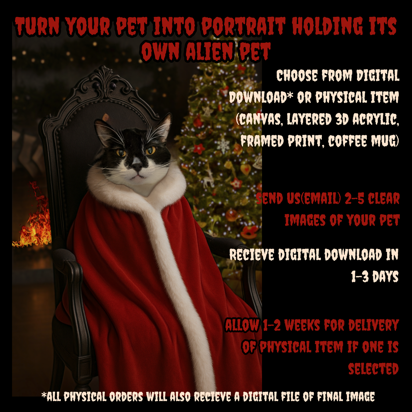 Merry Gothmas Custom Creepy Pet Portrait • Horror Holiday Pet Art • Gothic Christmas Pet Painting • Cat or Dog Photo to Dark Xmas Artwork