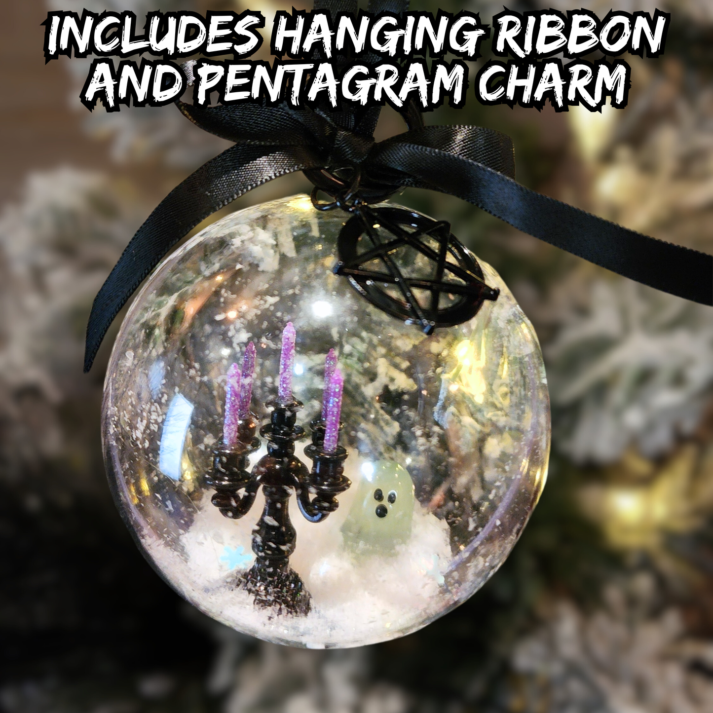 Ghostly Seance Glow-in-the-Dark Ornament | Haunted Candelabra and Ghost Scene with Pentagram Charm | Sinister Studios AZ