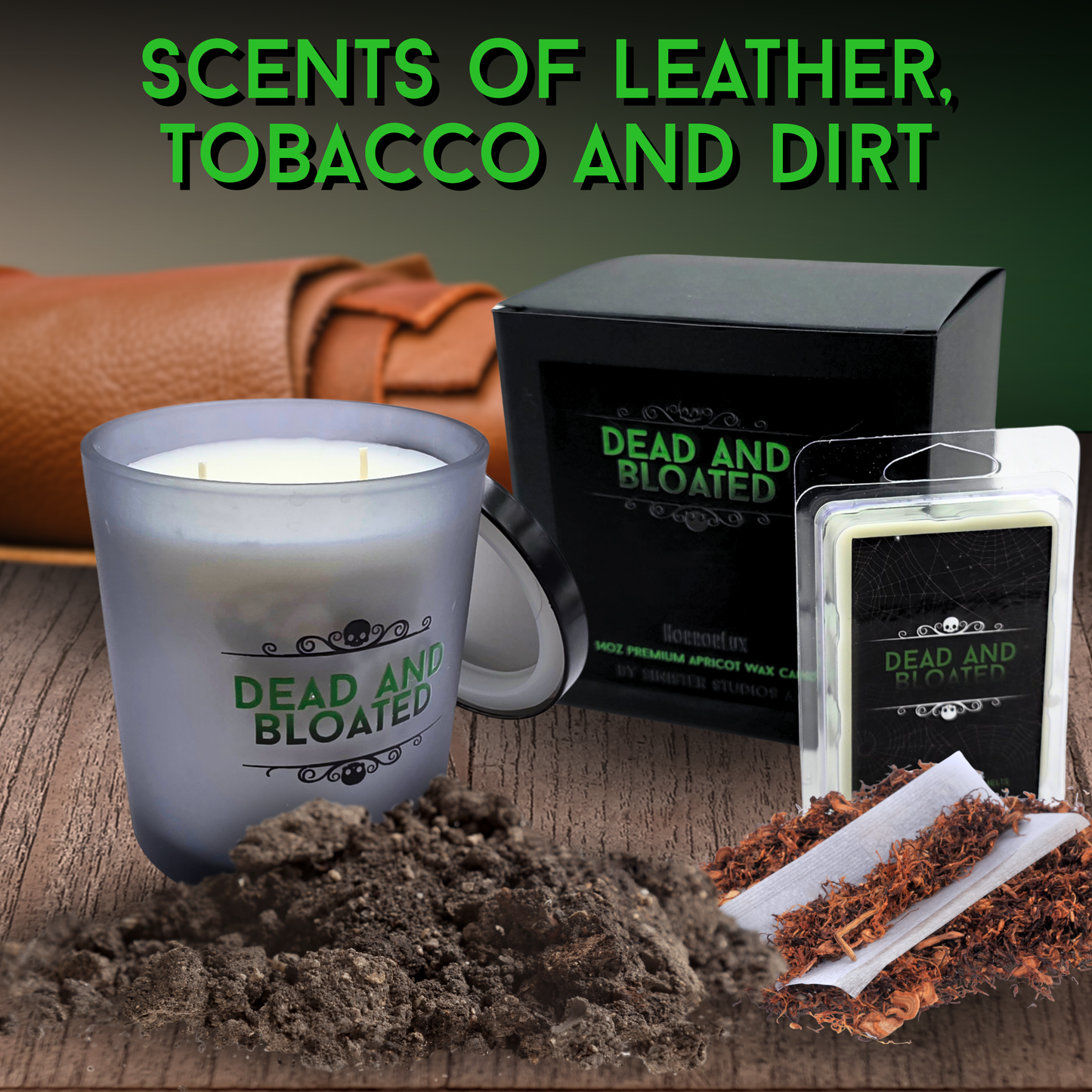 Dead and Bloated HorrorLux Candle & Wax Melts Set, Leather Tobacco Dirt Scent, Gothic Luxury Horror Candle Gift