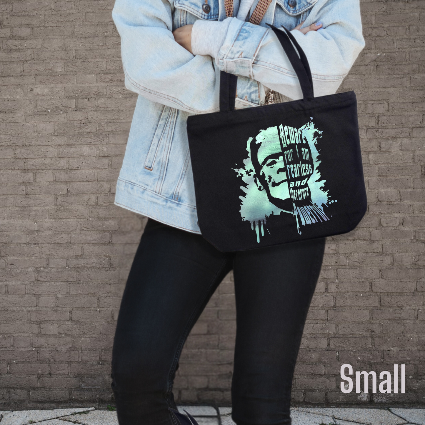 Fearless Frank tote bag with zipper closure, Frankenstein, gift for horror fan, movie monster gift, reusable shopping tote, horror tote bag gift for her