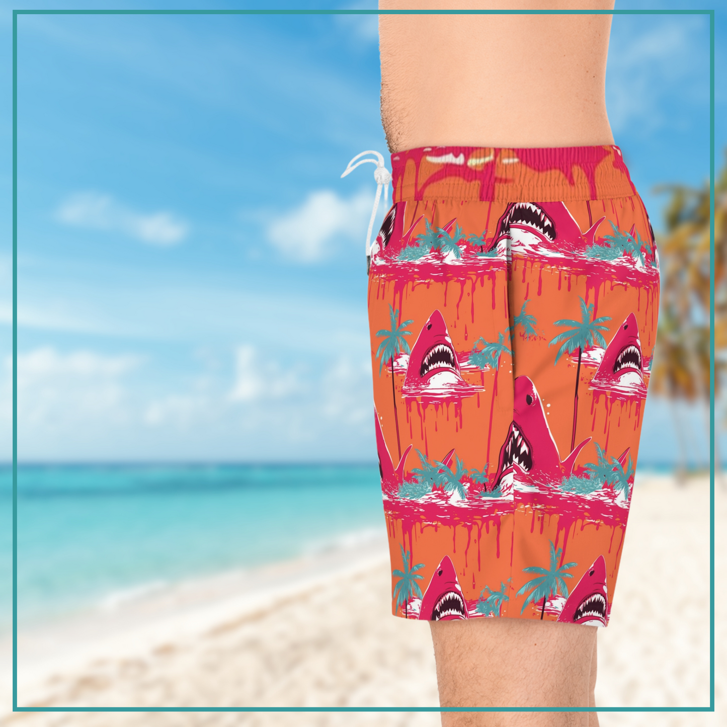 Neon Shark mens swim trunks with pockets shark pattern midlength swim shorts mesh lined swim trunks gift for him horror shark swim trunks