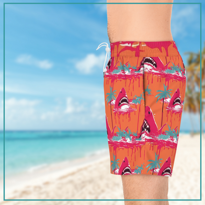 Neon Shark mens swim trunks with pockets shark pattern midlength swim shorts mesh lined swim trunks gift for him horror shark swim trunks