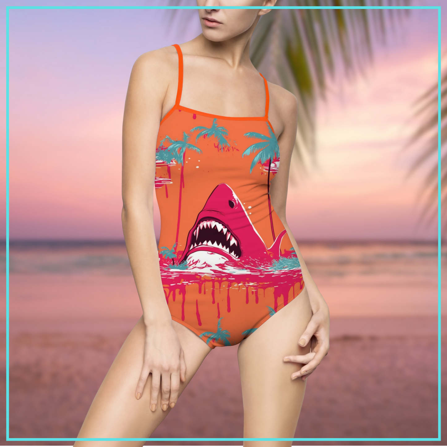 Neon Sharks women's strappy one piece swimsuit great white shark horror fan swimsuit gift for her shark attack horror one piece swimsuit