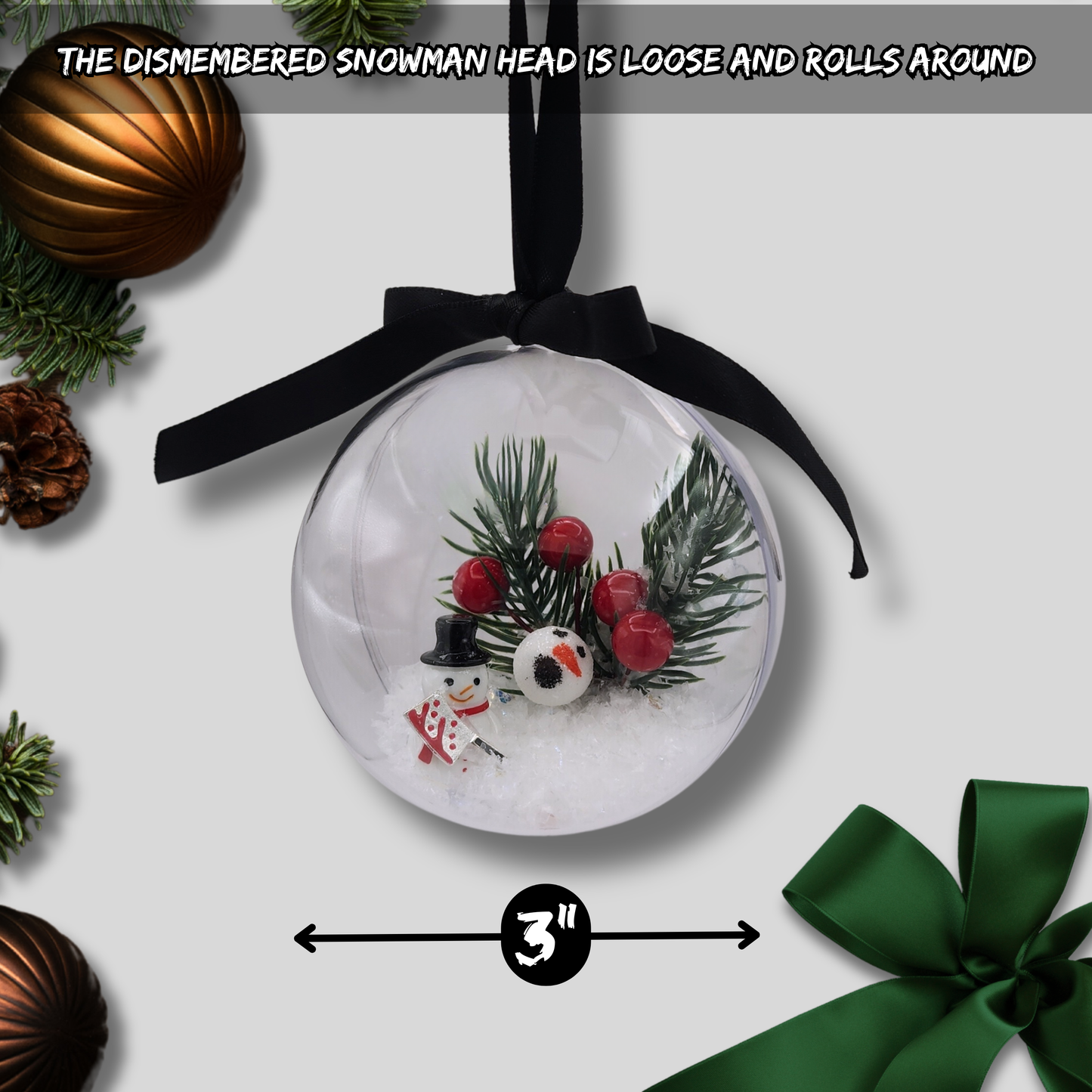 Naughty Snowman Ornament | Killer Snowman Winter Scene with Loose Head and Hatchet | Sinister Studios AZ Horror Holiday Décor