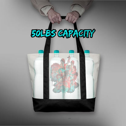 Welcome to Fright Night Canvas Tote Bag with Pocket – Horror Convention Carryall, Glitch Effect Design, Durable Zippered Tote