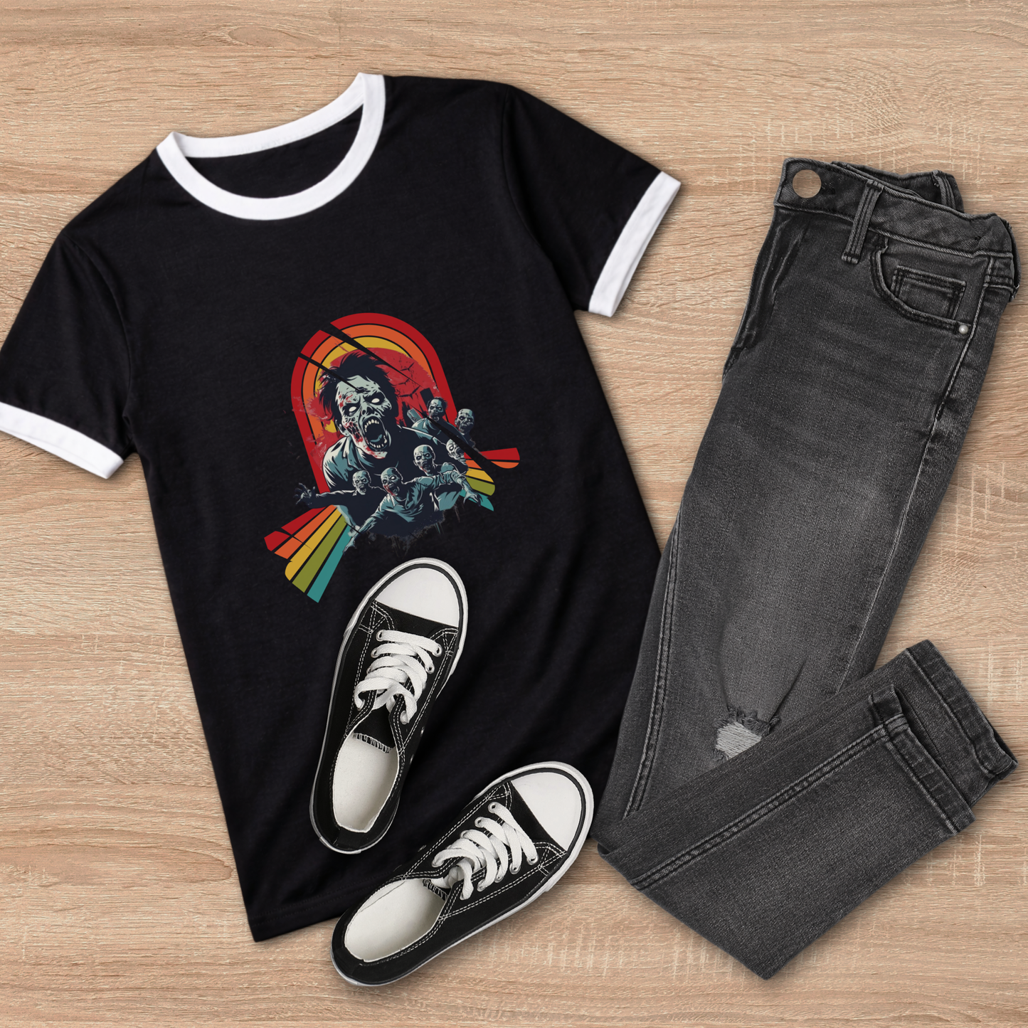 Rainbow Zombies Unisex Ringer Tee – Retro Horror Graphic Shirt – Black White Vintage Slasher Inspired Overstock Sale $21