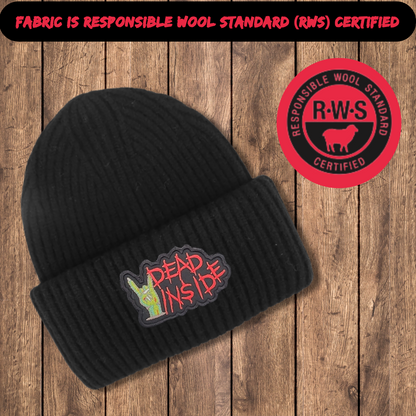Dead Inside Merino Wool Beanie – Horror Embroidered Patch Hat, merino wool hat, Warm & Soft Skull Cap for Cold Weather, Goth Streetwear