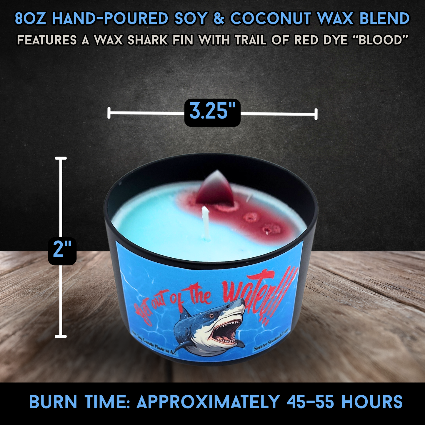 Get Out of the Water Shark Candle & Wax Melts | Horror Beach Candle | Coconut Tropical Fruit Scent | Shark Fin Wax | Sinister Studios AZ