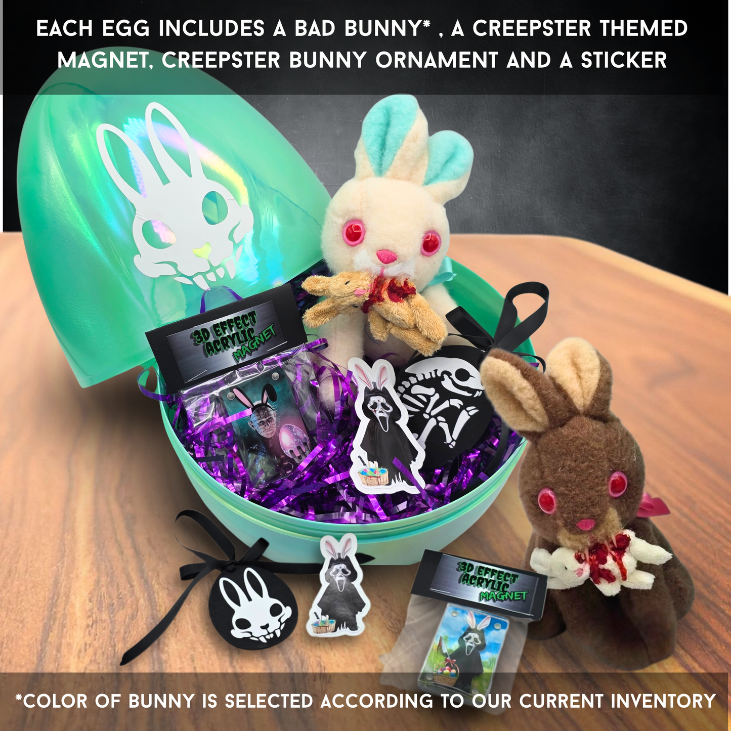 Mystery Creepster Egg Horror Easter Basket – Bad Bunny Plush, Creepster Ornament, 3D Acrylic Magnet & Sticker in 12" Pearlescent Egg