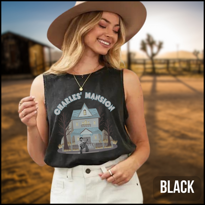 Charles' Mansion women's muscle tank mineral wash horror tank top for her Charles Manson horror shirt for her horror sleeveless tank