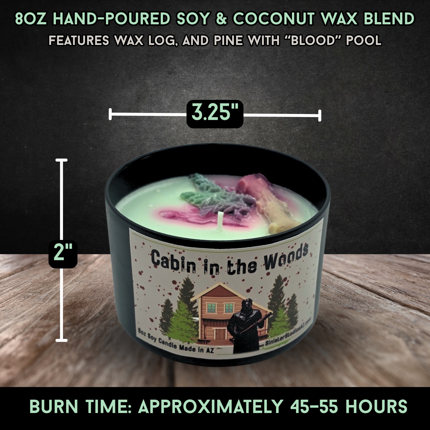 Cabin in the Woods Horror Candle & Wax Melts Set | Campfire Pine Eucalyptus Candle | Slasher Cabin Decor | Sinister Studios AZ