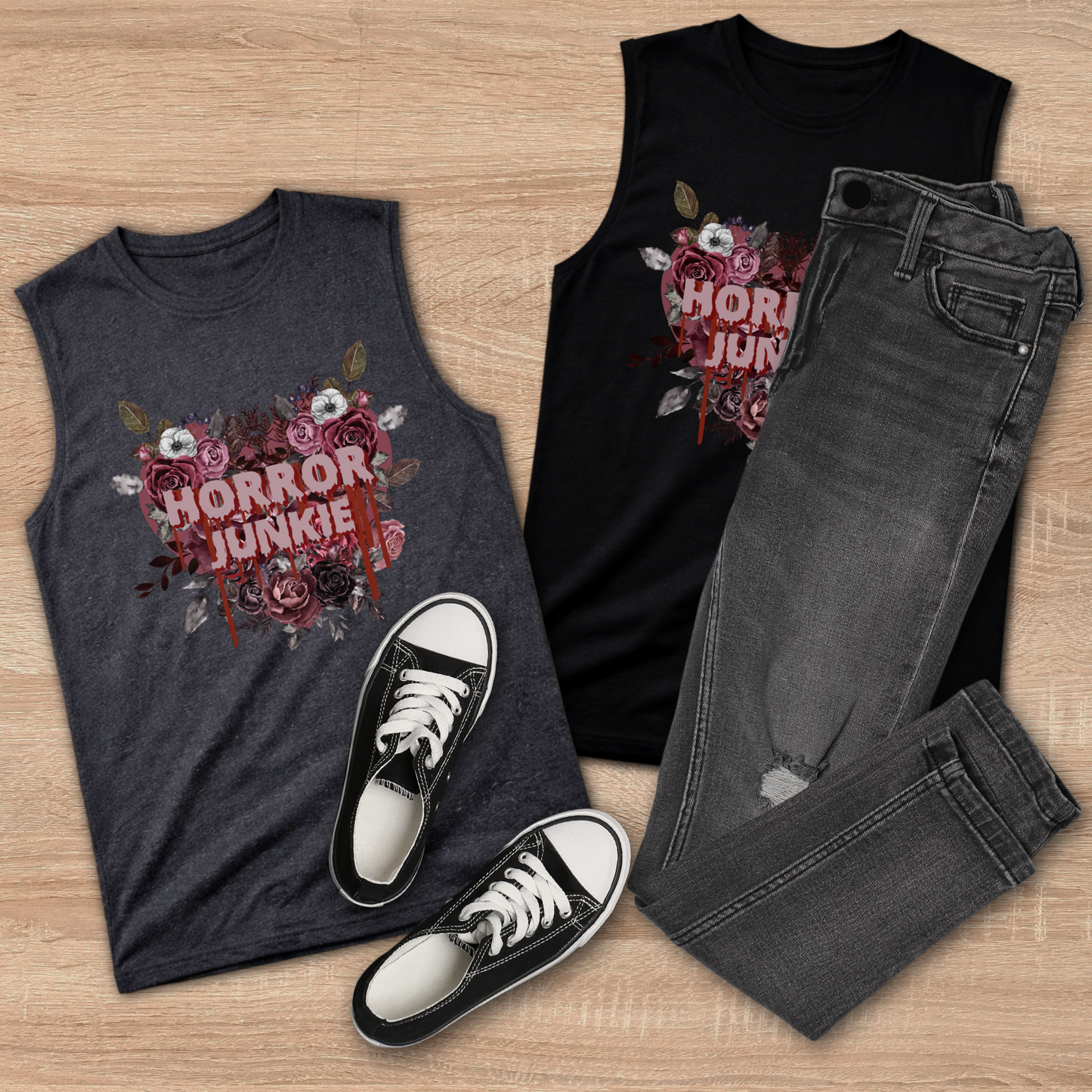 Horror Junkie Unisex Muscle Tank – Bella + Canvas Sleeveless Graphic Shirt – Gothic Floral Horror Tank Overstock Sale $22