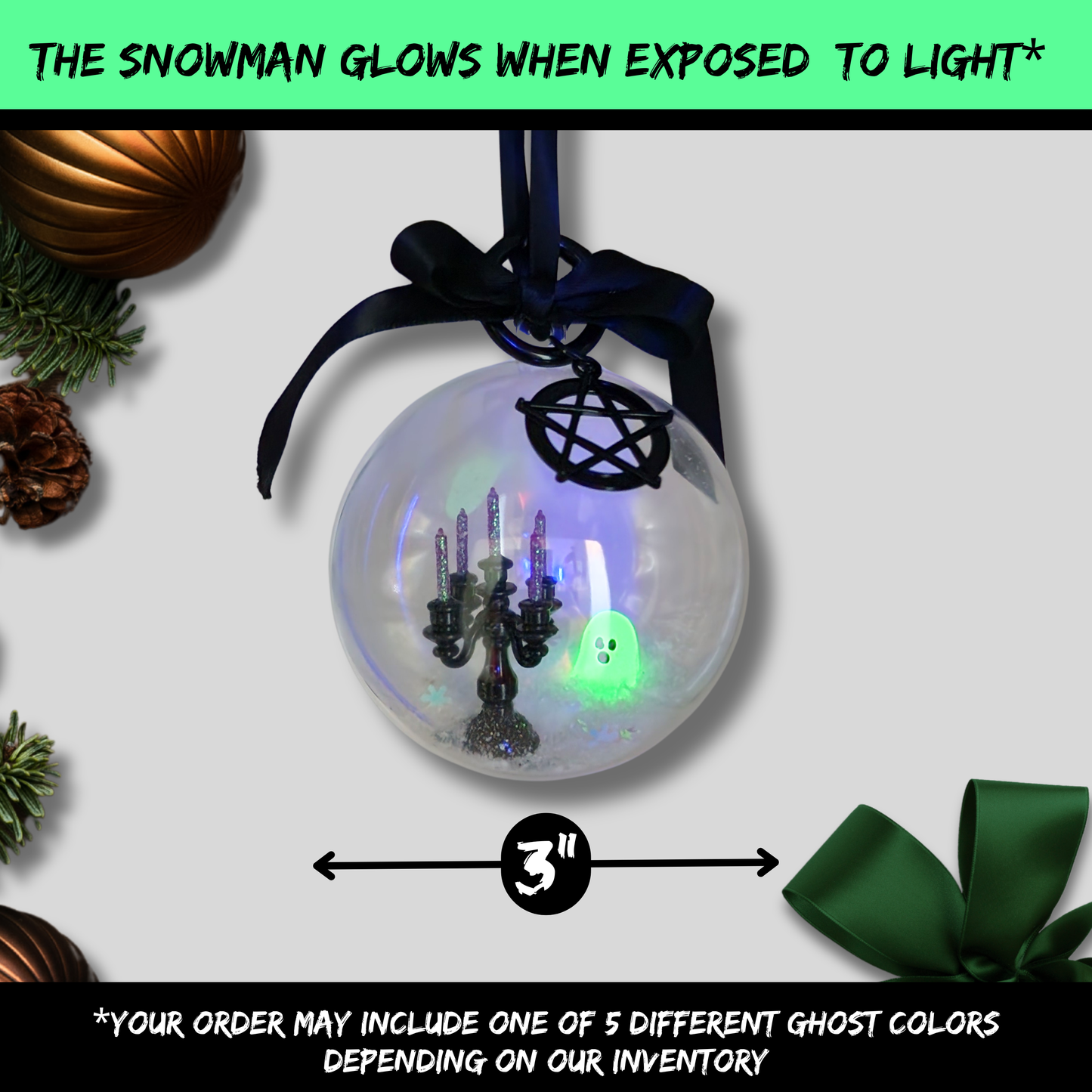 Ghostly Seance Glow-in-the-Dark Ornament | Haunted Candelabra and Ghost Scene with Pentagram Charm | Sinister Studios AZ