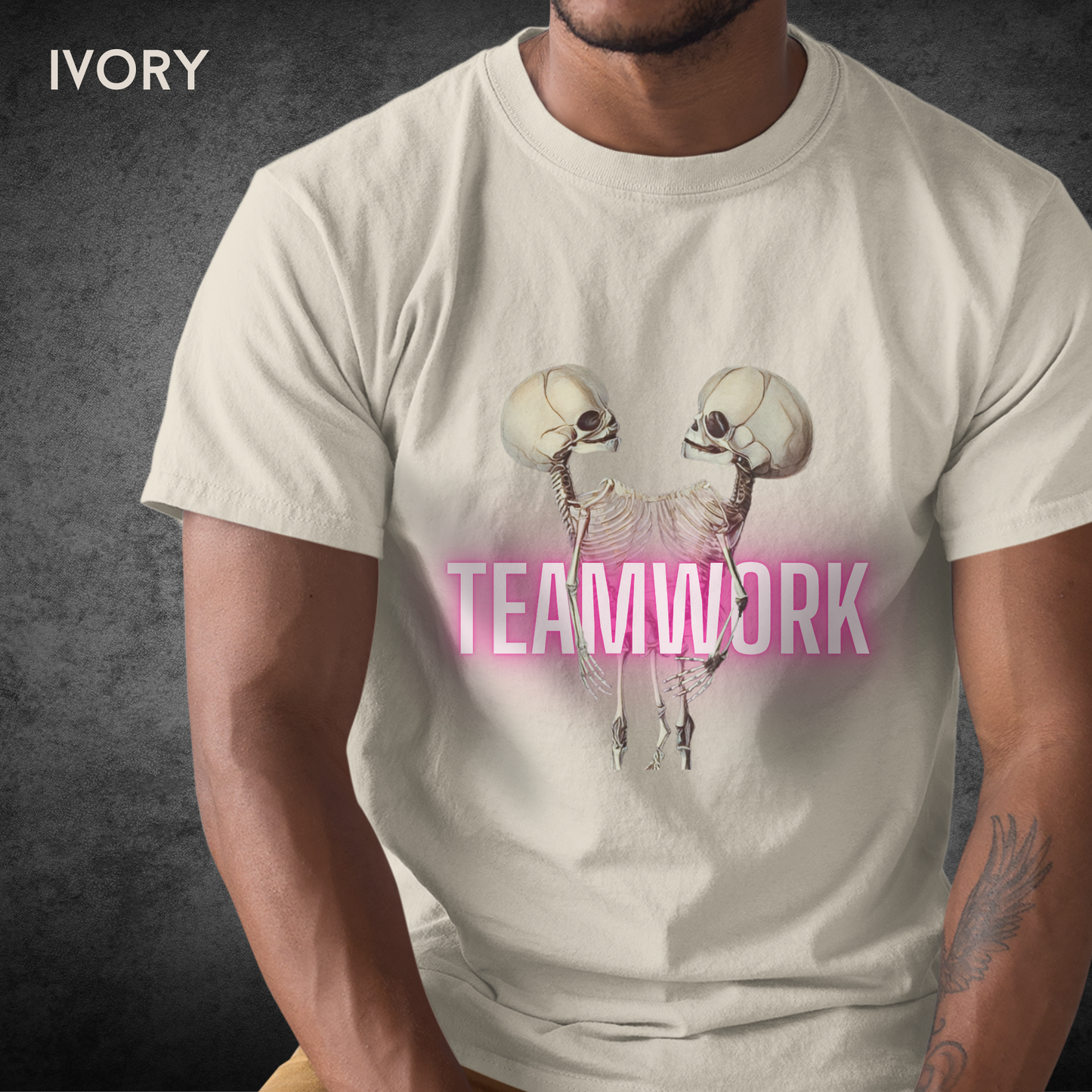 Teamwork Horror Unisex Tee – Conjoined Twin Skeleton Shirt, Dark Macabre Graphic Tee, Gothic Horror Apparel