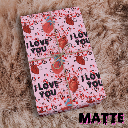 I Love You Hearts pink gift wrap Valentines Day gift wrap holiday gift wrap gore hearts wrapping paper for her Horror Anniversary gift wrap